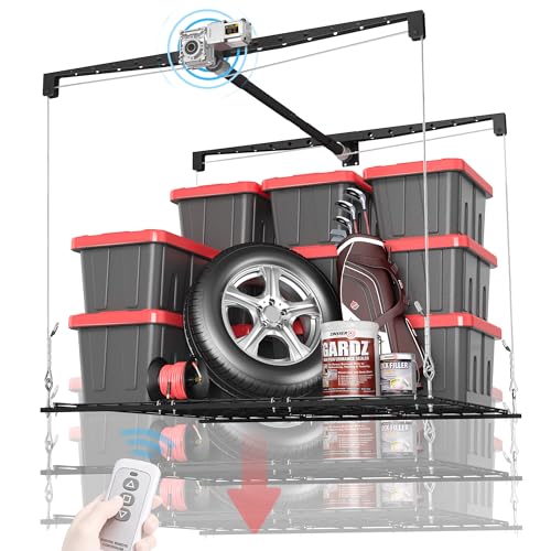 KOKORACKER Motorized Garage Ceiling Storage Racks with Remote Control 4x4 FT Overhead Garage Storage Rack Heavy-Duty Lift Storage System Space-Saving Hanging Shelves 250 Lbs Capacity