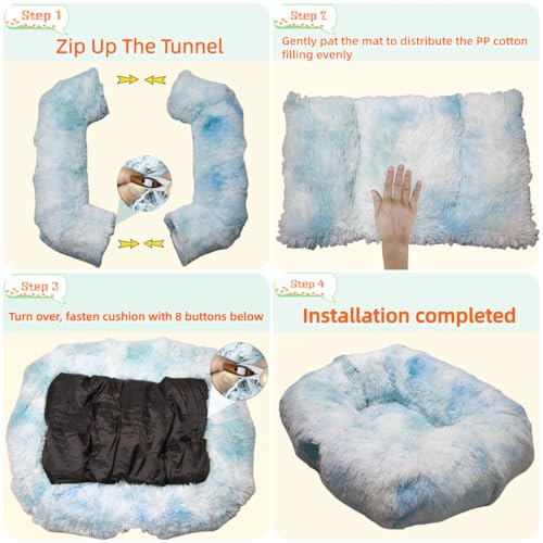 XxingSheep XL Cat Tunnel with Bed for Indoor Cats Peekaboo Cat Cave Donut Toy with Warm Mat,Azure Blue