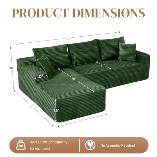 Image of 108 inch L Shaped Cloud Boneless Sectional Couches for Living Room, Modern Comfy Modular Deep Seat Memory Foam Compressed Corduroy Sofa Oversized Left Facing Chaise, No Assembly Required, Green