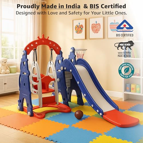 Image of Amazon Brand - Solimo 3-in-1 Garden Castle Slide & Swing for Indoor & Outdoor Use | for Kids 2-8 Years Old | Safe & Fun | Ideal for Boys & Girls | Toy for Kids | Easy Assembly, Multicolor