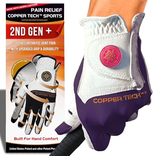 Copper Tech Plus Ladies Golf Gloves Women (2nd Gen) | Copper Compression Joint Support with Flexible & Comfortable Fit | Tacky Silicone Pad (White/Purple, Medium-Large, Right)