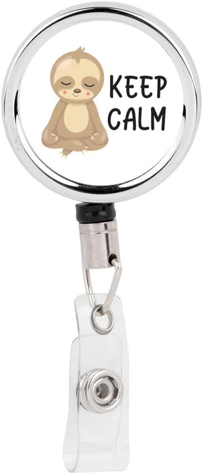 Andaz Press Retractable Badge Reel Holder with Clip, Heavy Duty Metal Name Tag Retractable ID Key Belt Clip Keep Calm Sloth, Funny Sarcastic Humor