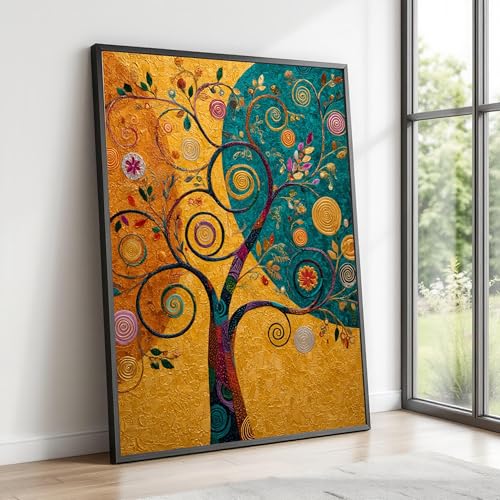 Tableau arbre tourbillonnant en toile aux éclats dorés et turquoise