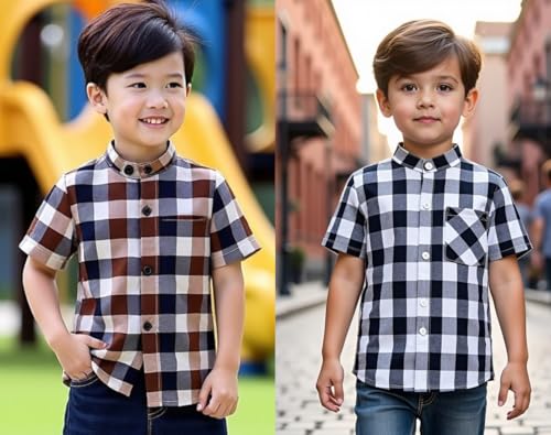 Image of Boys Short Sleeve Button Down Shirts, Plaid and Striped Pattern, Cotton Casual Tops, Pack of 2