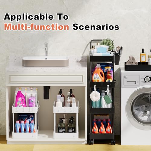 Carrinho de armazenamento fino, preto de 4 níveis estreito com rodas, carrinho utilitário com divisó