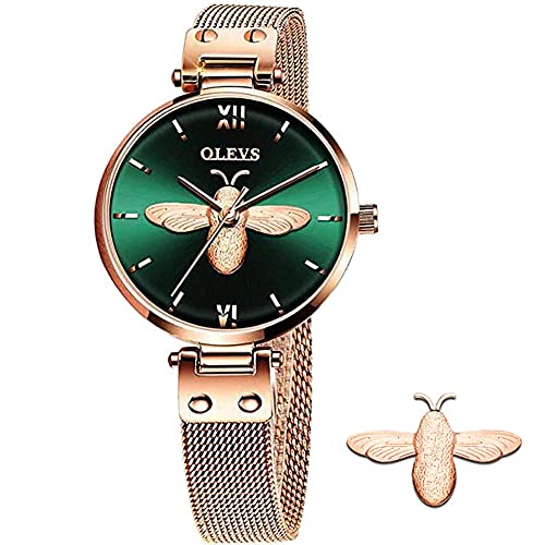 Bee Watch for Women Green Dial,Rose Gold Mesh Watch for Women, Ladies Watches for Small Wrists,Ladies Thin Watches,Female Watch with Bracelet,Casual Waterproof Easy to Read Wrist Watch for Women
