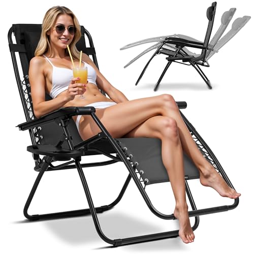 Sofotel Sonnenliege Klappbare Gartenliege Bis 120 kg Liegestuhl mit Kopfstütze und Mini-Tisch Schwarz ChillWell
