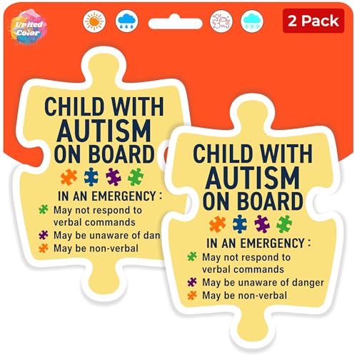 United by Color Child with Autism on Board Stickers 2 Pack (6 Inch) Autism Awareness Car Decals with Bright Jigsaw Design Waterproof UV Resistant Vinyl Used for Cars & Trucks