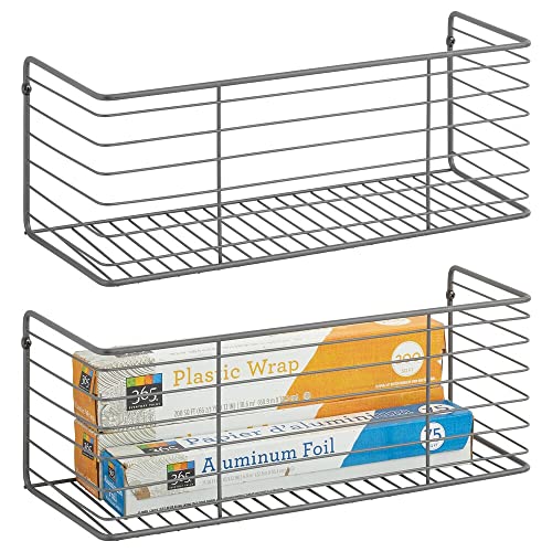 mDesign Metall-Aufbewahrungskorb zur Wandmontage zum Aufhängen in der Küche/Speisekammer – zur Aufbewahrung von Plastiktüten, Folien, Ölen, Sandwichbeuteln – 40,6 x 15,2 x 15,2 cm – 2 Stück – Graphit