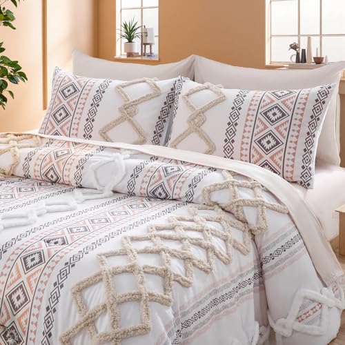Image of MOVE OVER Beige Tufted Comforter Set Queen Size 7 Pieces Farmhouse Bedding Set Boho Aztec Comforter Set and Sheet Set Mid Century Boho Tufted Comforter Set for All Seasons