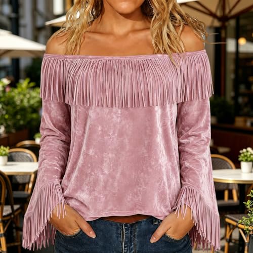 Cowgirl Shirt for Women Off the Shoulder Western Fringe Tops Red - image 3