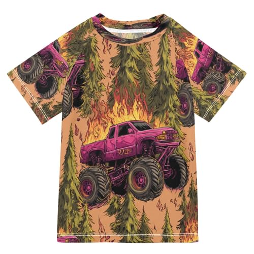 Boys Short Sleeve T-Shirts Monster Truck Car Fire Rashguard Kids Swim Shirts Sun UPF 50+