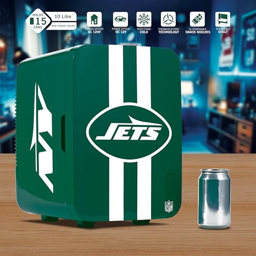 Image of Ukonic NFL New York Jets 15-Can Mini Fridge 10L - AC /DC Powered, Official Team Colors & Logo, Portable Cooler for Tailgates, Home, Office, or Car