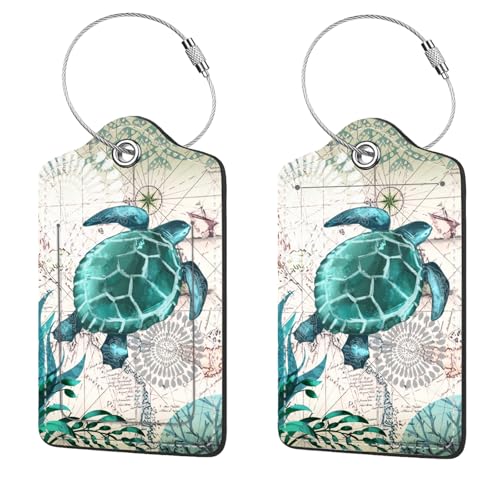 2 Pcs Luggage Tags for Suitcase, Cute Unique PU Leather Travel Bag Tag with Privacy Cover ID Label Address Card and Durable Metal Ring Suitable for Men Women Children Backpack, Turtles