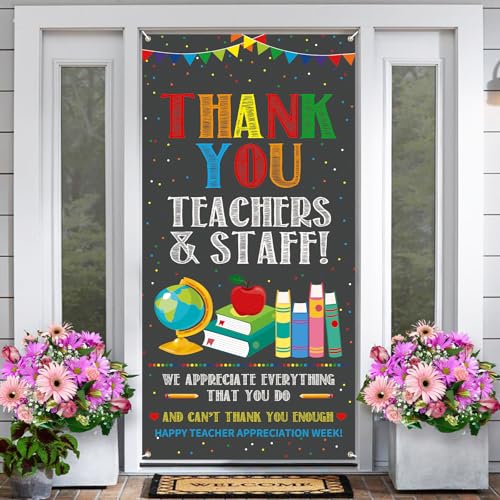 Arosche Teacher Appreciation Decorations Door Cover 6x2.9 Ft Thank You Teachers and Staff Banner Apple Book Teacher Appreciation Week Background for Indoor Outdoor Classroom School Office Decorations