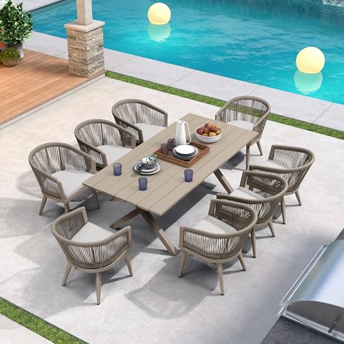 Image of PURPLE LEAF Patio Dining Set for 8 with Cushions Champagne with Cover