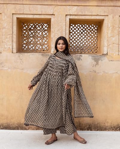 Image of GoSriKi Women's Kashmiri Faren Abaya Black Hand-Block Anarkali Kurta Set, Ethnic Loose Fit, Comfortable Party & Casual Wear