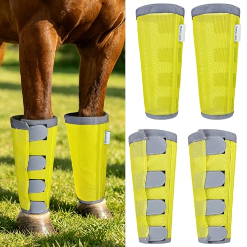 Image of Reflective Horse Fly Boots Set of 4, Loose Fitting Leggings for Horses, Equine Fly Leg Wraps Socks for 4 Legs, Breathable Adjustable and Universal Fit, Reliable Stay Put and on (Yellow)