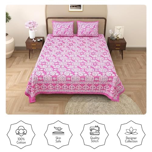 Image of Opulent Collection Double Bedsheet with 2 Pillow Cover | 100% Cotton Bedsheets for Double Bed | Handloom Bedsheet | Size 86x90 inches | King Size (90X102 Inches) (Medium Pink, King)