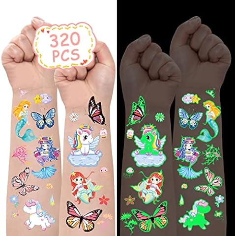 Metker Unicorn,Mermaid,Butterfly(320PCS) Kids Luminous Waterproof Temporary Tattoos,Party Supplies for Children,Glow Party Supplies Gifts Goody Bag Stuffers Party Bag Fillers Cover