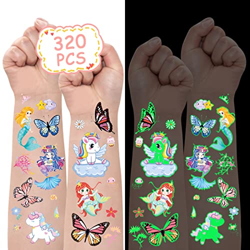 Metker Unicorn,Mermaid,Butterfly(320Pcs) Kids Luminous Waterproof Temporary Tattoos,Party Supplies Fake Tattoo Sticker For Children,Goody Bag Stuffers Party Bag Fillers Glow Party Supplies Gifts #TOP10
