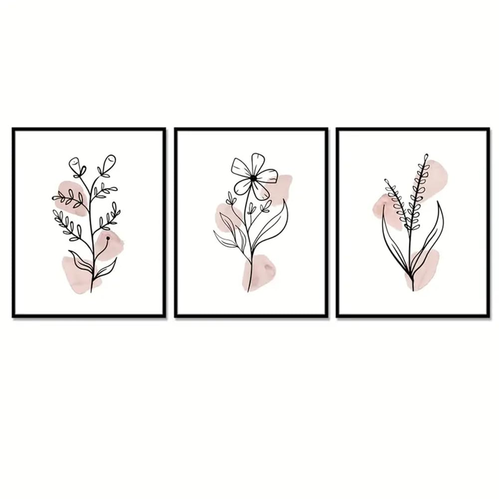 WBYZAC Art Prints-Boho Botanical Prints Wall Art, Blush Pink Wild Flowers, Abstract Black Line, Floral Home, Flower Print, Floral Line Art Bedroom Kitchen Decor-50 * 70cm*3PCS (No Frame)
