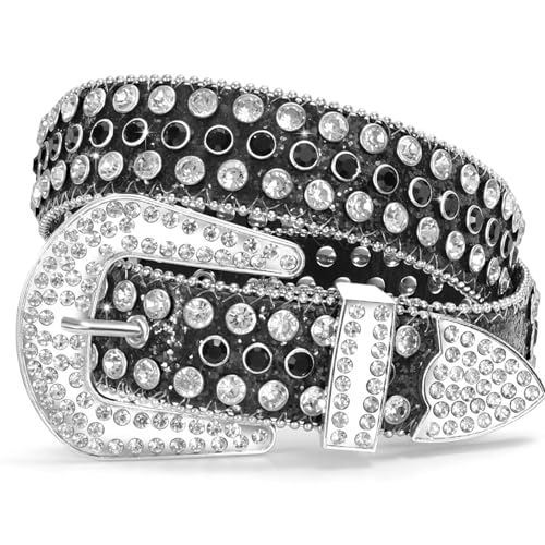 Image of WERFORU Women Men Western Rhinestone Studded Leather Belt Unisex Bling Cowgirl Cowboy Waist Belt for Jeans Pants Dress