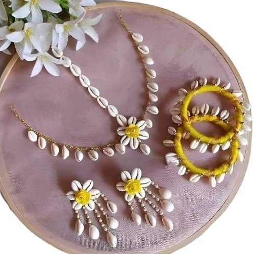 RKG HANDICRAFTS Cowrie Shell with Artificial Flower Jewellery, Necklac with maang tika and Earrings, Bangles (2.5 inches) for Women and Girls.(yellow) (B0CWRZH476) Amazon Price History, Amazon Price Tracker