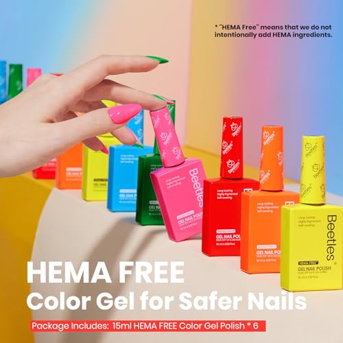 Image of Beetles Neon Gel Nail Polish Set, 6 Colors Hema-Free Neon Rainbow Hot Pink Red Yellow Orange Summer Gel Nail Polish Set, 15ML Soak off UV Lamp Bright Rainbow Summer Nails Art Salon Colorful Bottle