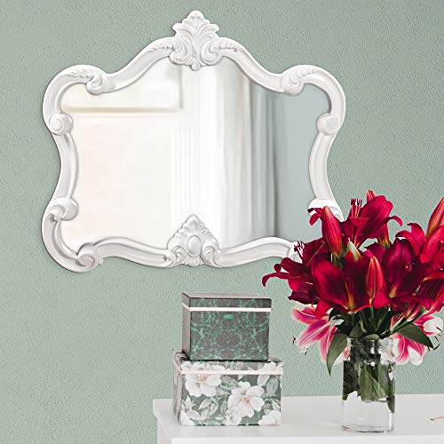 Howard Elliott Collection Howard Elliott Veruca Rectangular Ornate Wall Vanity, Glossy White Lacquer, 28 X 32 Inch, Home Decorative Modern Make Up Mirrors, Living, Entryway, Hallway Or Any Room #TOP3