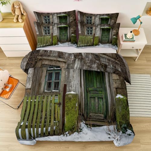 Juego de Funda de edredón Cama 90-150 x 220 cm, cálido y Acogedor Marrón Claro Funda Nordica Cama Franela, Ropa de Cama Reversible con Estampado Campo Cabaña Invierno Escena De Nieve con Cremallera