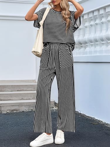 Conjunto de 2 piezas a rayas para mujer con camiseta corta y pantalón 4