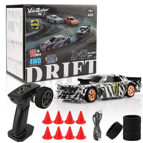 VoleRusher RC [2025 New Upgrade 1/43 Scale Mini RC Drift Car with Gyroscope, Toys for Age 8-14 Old Birthday Gifts Micro Small with Full Proportional RTR 2.4GHz Remote 2 Tire Sets 8 Cones - Camouflage