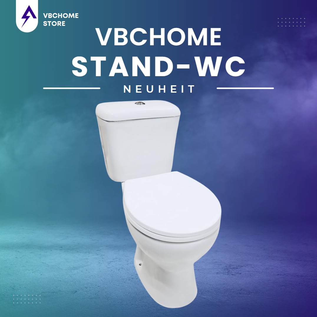 VBChome Set completo WC da terra in ceramica con sciacquone, sedile in polipropilene con abbassamento automatico funzione SoftClose, scarico verticale, igienico ed estetico