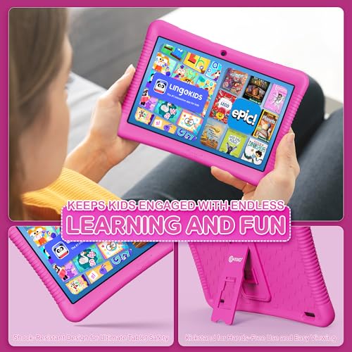 Image of Contixo K102 10 inch Kids Tablet Bundle - Wireless Kids Headphones, 32GB, Learning Educational Apps, Parental Controls, Dual Cameras, Shockproof Case with Kickstand & Stylus, Ages 3-7 - Pink