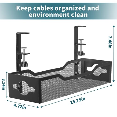Image of Under Desk Cable Management Tray Black, Litwaro Cable Management Under Desk No Drill, Cable Organizer with Clamp for Wire Management, Cord Organizer No Damage to Desk for Office, Home