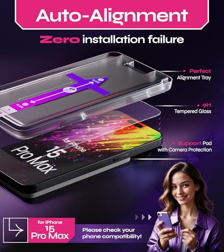 Image of Defenslim Screen Protector for iPhone 15 Pro Max (2Pack), Easy Auto-Align Install Kit, 6.7 inch Tempered Glass, 9H Hardness, Ultra HD Clear, Case Friendly, EasyShield