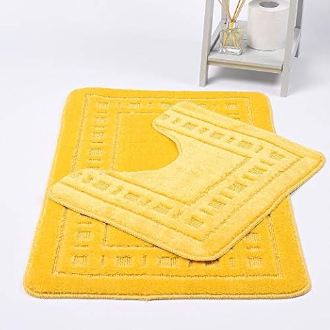 Night Zone Diem 2 Piece Bath Mat & Pedestal Set Non Slip Extra Absorbent Bathroom Toilet Rug Bath Mats Set (Lemon) Cover