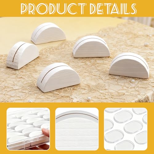 Image of 24Pcs White Wood Table Number Stands, Wood Place Card Holders | Include Traceless Adhesive Stickers, Semicircular Design Place Card Holders for Wedding, Ceremony, Birthday, Party, Events
