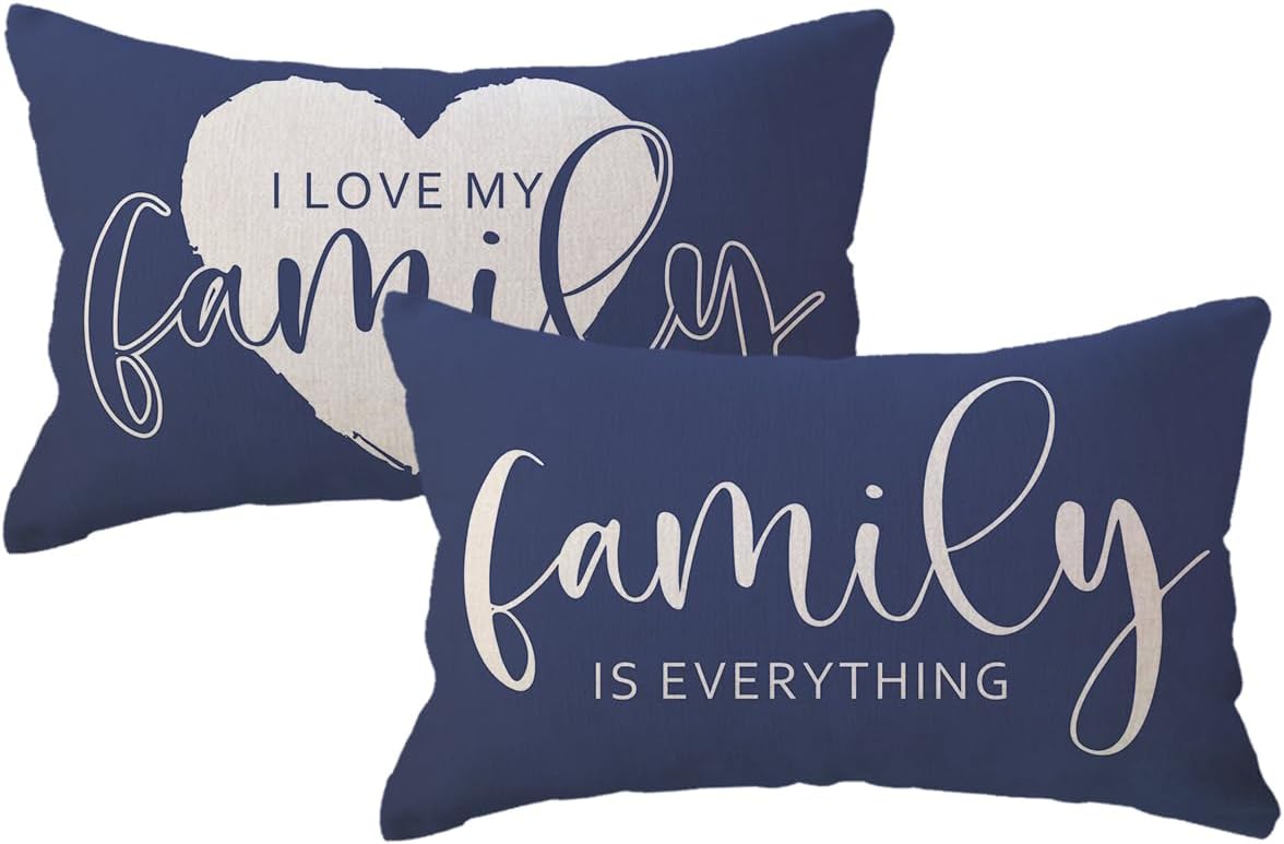 ULOVE LOVE YOURSELF Home Quote Throw Pillow Cover Family is Everything Cushion Covers 12 x 20 Inch Farmhouse Rustic Decor Lumbar Pillowcases 2Pack with Saying Housewarming Gifts for Sofa Couch (Blue)