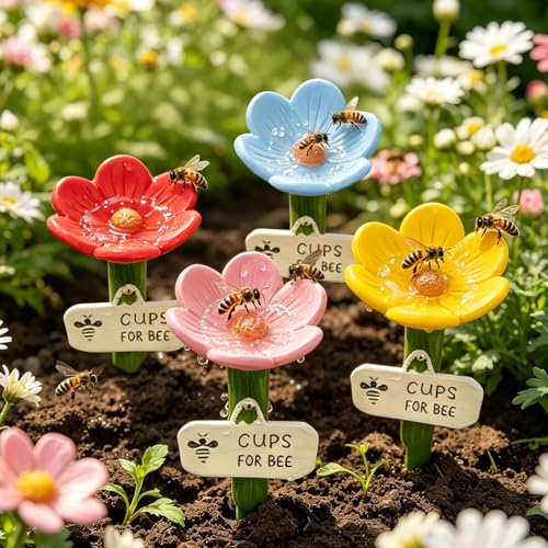 4 Pieces Bee Watering Station for Garden Cups for Bees with Adjustable Stakes Flower Shaped Butterfly Bee Drinking Station Butterfly Feeders for Thirsty Pollinators Outdoor Yard Lawn Patio Decor