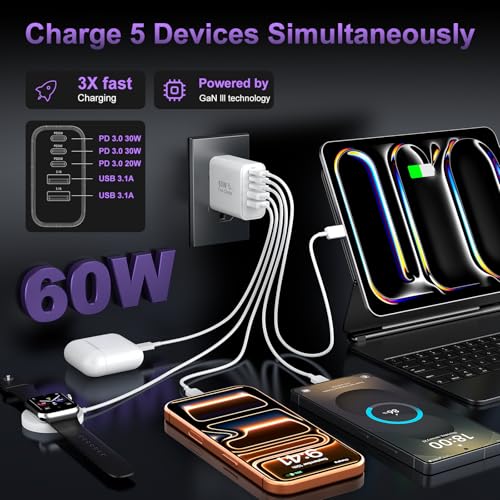 Image of USB C Fast Wall Charger Block, 2Pack 60W USBC Charging Cubes, 5-Port PD+QC Power Adapter Multiport Brick Type C Box Plug for Phone 17 /16 /15 /14 /13 /12 /11 /Pro Max /Plus, Pad Mini /Pro /S25 /S24-White+Black