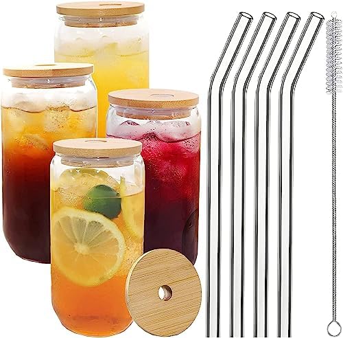 Glass Cups with Lids and Straws 4pcs Set, 16oz Can Shaped Drinking Glasses Set, Beer Glasses, Iced Coffee Cup, Cute Tumbler Cup for Juice, Water, Soda, Tea, Gift