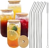 Glass Cups with Lids and Straws 4pcs Set, 16oz Can Shaped Drinking Glasses Set, Beer Glasses, Iced C