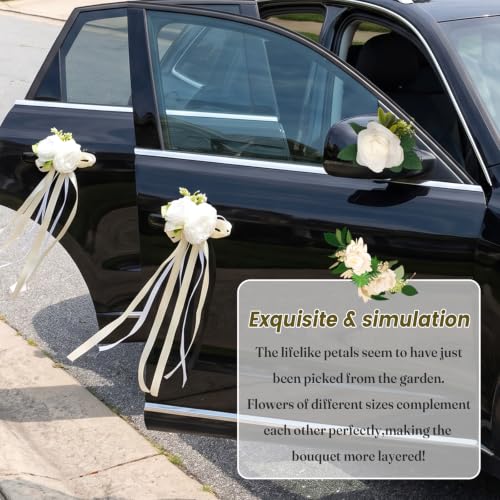 Image of 6 Pcs Wedding Car Door Handle Flowers - White Rose & Peony | Floral Bouquet Car Door Handle & Mirror Flowers with Satin Ribbon Bows , for Just Married Car Decoration