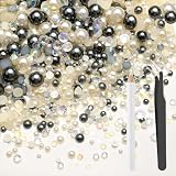 Bouiexye 80g Mix Flatback Pearls and Rhinestones for Crafts Silver Gray White Mixed Size 2mm-10mm Half Round Pearls Rhinestones for Nail Art Tumblers Shoes DIY Bedazzling with Tweezers Wax Pen