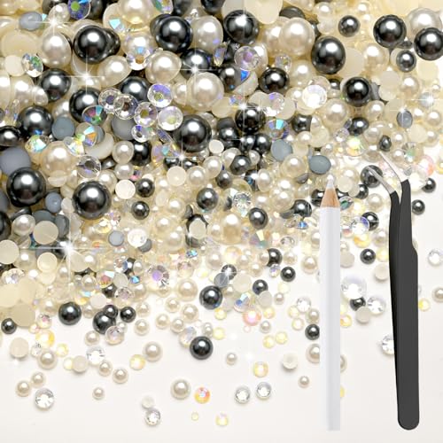 Bouiexye 80g Mix Flatback Pearls and Rhinestones for Crafts Silver Gray White Mixed Size 2mm-10mm Half Round Pearls Rhinestones for Nail Art Tumblers Shoes DIY Bedazzling with Tweezers Wax Pen