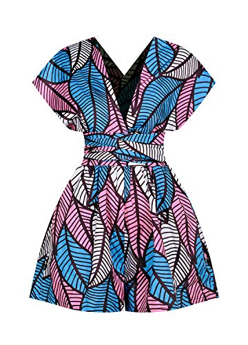 Erinaco Women's Sexy Boho African Multi-Way Long Maxi V-Neck Pleated Floral Print Dress, Blue Pink Leaf Shorts, X-Large #TOP3