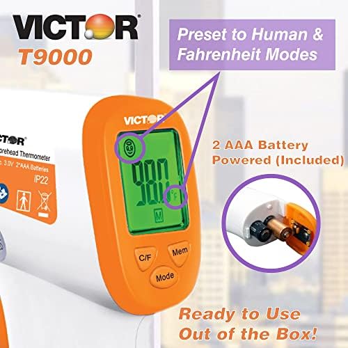 Victor T9000 Termometro digitale a infrarossi per fronte e polso, senza contatto, per adulti e bambini, letture rapide in 1 secondo, display di avviso di temperatura a 3 colori, bianco/arancione