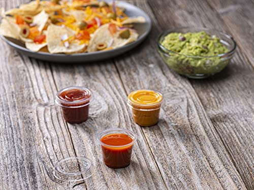 ELEGANT DISPOSABLES (1 oz - 100 Sets) Clear Diposable Plastic Portion Cups With Lids, Small Mini Containers For Portion Controll, Jello Shots, Meal Prep, Sauce Cups, Slime, Condiments,